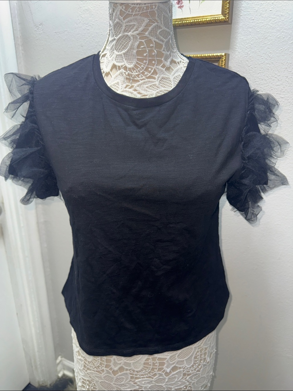 Lea & Viola Black Short Sleeve Tee with Tulle Ruffle Sleeves